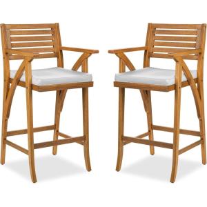 imageBest Choice Products Set of 2 Outdoor Acacia Wood Bar Stools Bar Chairs for Patio Pool Garden wWeatherResistant Cushions  CreamWhite Sand