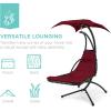 imageBest Choice Products Outdoor Hanging Curved Steel Chaise Lounge Chair Swing wBuiltin Pillow and Removable Canopy  TanBurgundy
