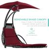 imageBest Choice Products Outdoor Hanging Curved Steel Chaise Lounge Chair Swing wBuiltin Pillow and Removable Canopy  TanBurgundy