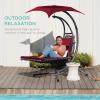 imageBest Choice Products Outdoor Hanging Curved Steel Chaise Lounge Chair Swing wBuiltin Pillow and Removable Canopy  TanBurgundy