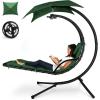 imageBest Choice Products Outdoor Hanging Curved Steel Chaise Lounge Chair Swing wBuiltin Pillow and Removable Canopy  TanGreen
