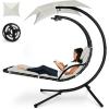 imageBest Choice Products Outdoor Hanging Curved Steel Chaise Lounge Chair Swing wBuiltin Pillow and Removable Canopy  TanIvory