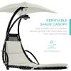 imageBest Choice Products Outdoor Hanging Curved Steel Chaise Lounge Chair Swing wBuiltin Pillow and Removable Canopy  TanIvory