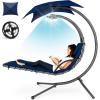 imageBest Choice Products Outdoor Hanging Curved Steel Chaise Lounge Chair Swing wBuiltin Pillow and Removable Canopy  TanNavy Blue