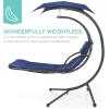imageBest Choice Products Outdoor Hanging Curved Steel Chaise Lounge Chair Swing wBuiltin Pillow and Removable Canopy  TanNavy Blue