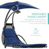 imageBest Choice Products Outdoor Hanging Curved Steel Chaise Lounge Chair Swing wBuiltin Pillow and Removable Canopy  TanNavy Blue
