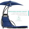 imageBest Choice Products Outdoor Hanging Curved Steel Chaise Lounge Chair Swing wBuiltin Pillow and Removable Canopy  TanNavy Blue