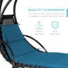 imageBest Choice Products Outdoor Hanging Curved Steel Chaise Lounge Chair Swing wBuiltin Pillow and Removable Canopy  TanPeacock Blue