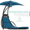 imageBest Choice Products Outdoor Hanging Curved Steel Chaise Lounge Chair Swing wBuiltin Pillow and Removable Canopy  TanPeacock Blue