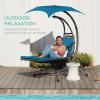 imageBest Choice Products Outdoor Hanging Curved Steel Chaise Lounge Chair Swing wBuiltin Pillow and Removable Canopy  TanPeacock Blue