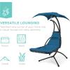imageBest Choice Products Outdoor Hanging Curved Steel Chaise Lounge Chair Swing wBuiltin Pillow and Removable Canopy  TanPeacock Blue