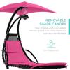 imageBest Choice Products Outdoor Hanging Curved Steel Chaise Lounge Chair Swing wBuiltin Pillow and Removable Canopy  TanPink