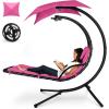 imageBest Choice Products Outdoor Hanging Curved Steel Chaise Lounge Chair Swing wBuiltin Pillow and Removable Canopy  TanPink