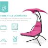 imageBest Choice Products Outdoor Hanging Curved Steel Chaise Lounge Chair Swing wBuiltin Pillow and Removable Canopy  TanPink