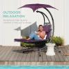 imageBest Choice Products Outdoor Hanging Curved Steel Chaise Lounge Chair Swing wBuiltin Pillow and Removable Canopy  TanPurple