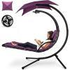 imageBest Choice Products Outdoor Hanging Curved Steel Chaise Lounge Chair Swing wBuiltin Pillow and Removable Canopy  TanPurple