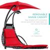 imageBest Choice Products Outdoor Hanging Curved Steel Chaise Lounge Chair Swing wBuiltin Pillow and Removable Canopy  TanRed