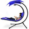 imageBest Choice Products Outdoor Hanging Curved Steel Chaise Lounge Chair Swing wBuiltin Pillow and Removable Canopy  TanResort Blue