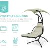 imageBest Choice Products Outdoor Hanging Curved Steel Chaise Lounge Chair Swing wBuiltin Pillow and Removable Canopy  TanSage