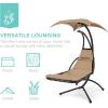 imageBest Choice Products Outdoor Hanging Curved Steel Chaise Lounge Chair Swing wBuiltin Pillow and Removable Canopy  TanTan
