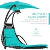imageBest Choice Products Outdoor Hanging Curved Steel Chaise Lounge Chair Swing wBuiltin Pillow and Removable Canopy  TanTeal