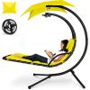imageBest Choice Products Outdoor Hanging Curved Steel Chaise Lounge Chair Swing wBuiltin Pillow and Removable Canopy  TanYellow