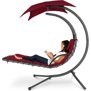 imageBest Choice Products Outdoor Hanging Curved Steel Chaise Lounge Chair Swing wBuiltin Pillow and Removable Canopy  TanBurgundy
