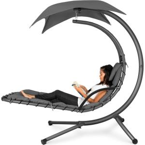 imageBest Choice Products Outdoor Hanging Curved Steel Chaise Lounge Chair Swing wBuiltin Pillow and Removable Canopy  TanCharcoal Gray