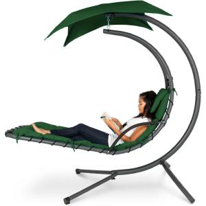 imageBest Choice Products Outdoor Hanging Curved Steel Chaise Lounge Chair Swing wBuiltin Pillow and Removable Canopy  TanGreen