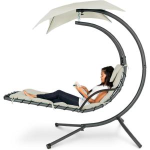 imageBest Choice Products Outdoor Hanging Curved Steel Chaise Lounge Chair Swing wBuiltin Pillow and Removable Canopy  TanIvory