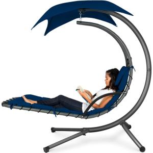 imageBest Choice Products Outdoor Hanging Curved Steel Chaise Lounge Chair Swing wBuiltin Pillow and Removable Canopy  TanNavy Blue