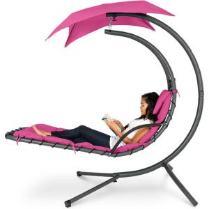 imageBest Choice Products Outdoor Hanging Curved Steel Chaise Lounge Chair Swing wBuiltin Pillow and Removable Canopy  TanPink