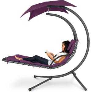 imageBest Choice Products Outdoor Hanging Curved Steel Chaise Lounge Chair Swing wBuiltin Pillow and Removable Canopy  TanPurple