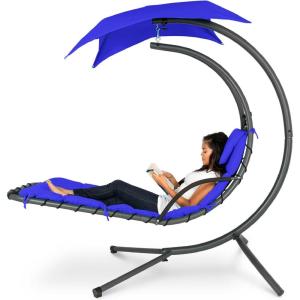 imageBest Choice Products Outdoor Hanging Curved Steel Chaise Lounge Chair Swing wBuiltin Pillow and Removable Canopy  TanResort Blue