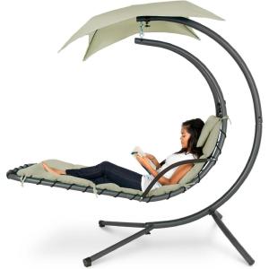 imageBest Choice Products Outdoor Hanging Curved Steel Chaise Lounge Chair Swing wBuiltin Pillow and Removable Canopy  TanSage