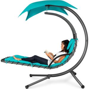 imageBest Choice Products Outdoor Hanging Curved Steel Chaise Lounge Chair Swing wBuiltin Pillow and Removable Canopy  TanTeal