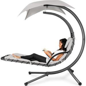 imageBest Choice Products Outdoor Hanging Curved Steel Chaise Lounge Chair Swing wBuiltin Pillow and Removable Canopy  TanWhite Sand
