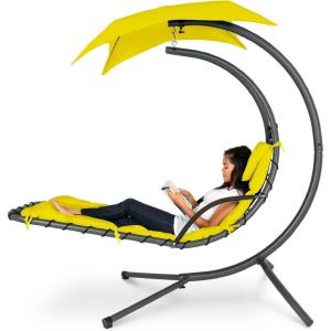 imageBest Choice Products Outdoor Hanging Curved Steel Chaise Lounge Chair Swing wBuiltin Pillow and Removable Canopy  TanYellow