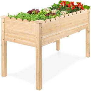 imageBest Choice Products Raised Garden Bed Scalloped Design Elevated Wood Planter Box Stand for Backyard Patio Balcony with Bed Liner 48 x 24 x 30 Inches 200 Pound Capacity  SageNatural