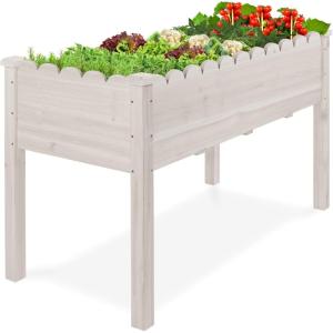 imageBest Choice Products Raised Garden Bed Scalloped Design Elevated Wood Planter Box Stand for Backyard Patio Balcony with Bed Liner 48 x 24 x 30 Inches 200 Pound Capacity  SageWhite