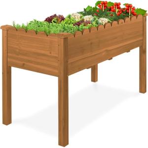 imageBest Choice Products Raised Garden Bed Scalloped Design Elevated Wood Planter Box Stand for Backyard Patio Balcony with Bed Liner 48 x 24 x 30 Inches 200 Pound Capacity  SageAcorn Brown