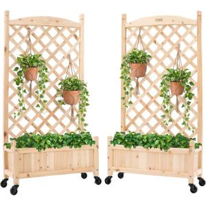 imageBest Choice Products Set of 2 48in Wood Planter Box amp Diamond Lattice Trellis Mobile Outdoor Raised Garden Bed for Climbing Plants wDrainage Holes Optional Wheels  NaturalNatural