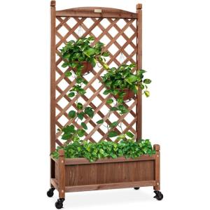 imageBest Choice Products Set of 2 48in Wood Planter Box amp Diamond Lattice Trellis Mobile Outdoor Raised Garden Bed for Climbing Plants wDrainage Holes Optional Wheels  NaturalBrown