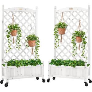 imageBest Choice Products Set of 2 48in Wood Planter Box amp Diamond Lattice Trellis Mobile Outdoor Raised Garden Bed for Climbing Plants wDrainage Holes Optional Wheels  NaturalWhite