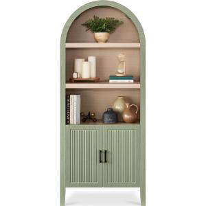 imageBest Choice Products 72 Tall Narrow Arched Pantry Cabinet wReeded Door 4Tier Bookshelf Armoire Hutch Bookcase Storage Cabinet wAdjustable Shelves for Dining Room and Livingroom  WalnutLarge  Sage