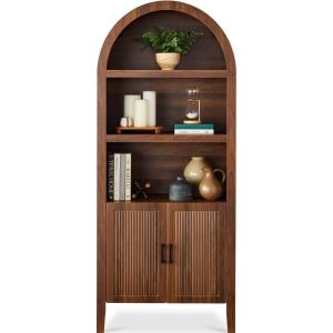 imageBest Choice Products 72 Tall Narrow Arched Pantry Cabinet wReeded Door 4Tier Bookshelf Armoire Hutch Bookcase Storage Cabinet wAdjustable Shelves for Dining Room and Livingroom  WalnutLarge  Walnut