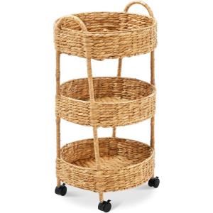 imageBest Choice Products 3Tier Round Rolling Nursery Caddy wWheels Handwoven Utility Cart Storage Organization for Bathroom Craft Room Laundry Room  Natural
