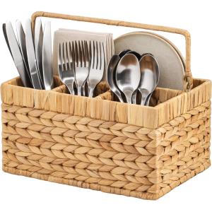 imageBest Choice Products Handwoven Silverware Organizer wHandle 4 Compartment Flatware Organizer Shelf Storage Basket Wicker Utensil Caddy Cutlery Basket Holder for Party Picnic BBQ  NaturalNatural