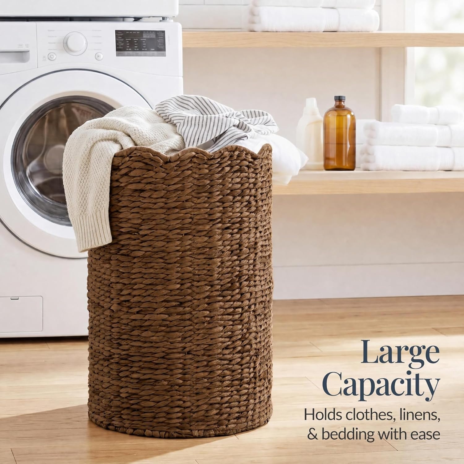 image:imageBest Choice Products Scalloped Laundry Large Round Hamper Handwoven Laundry Basket for Clothes Towels Blankets Multipurpose Storage Organizer For Laundry Room or Closet  ChestnutChestnut
