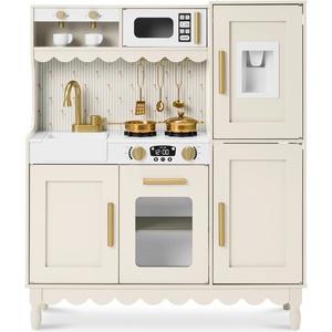 image:imageBest Choice Products Play Kitchen for Kids Cottage Style Kids Kitchen Playset for Toddlers Pretend Play Toy Kitchen w 11Pcs Espresso Machine Microwave Oven Refrigerator wIce  CreamCream